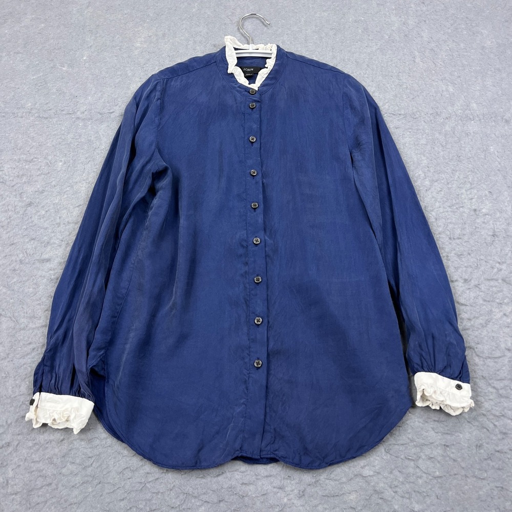 J.Crew Top Women's XXS Blue Drapey Ruffle-Trim Shirt Peasant Cupro LS‎ Button Up